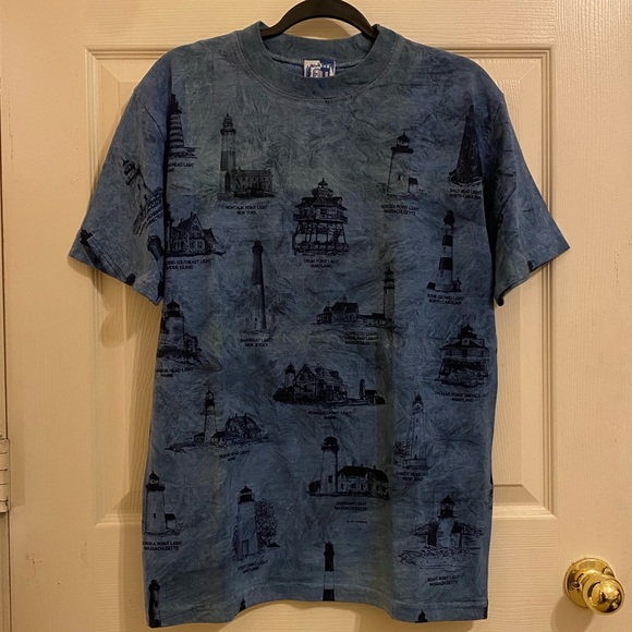 Vintage 90s Art Unlimited Lighthouse AOP All Over Lighthouses Tee Blue Md - Picture 3 of 10